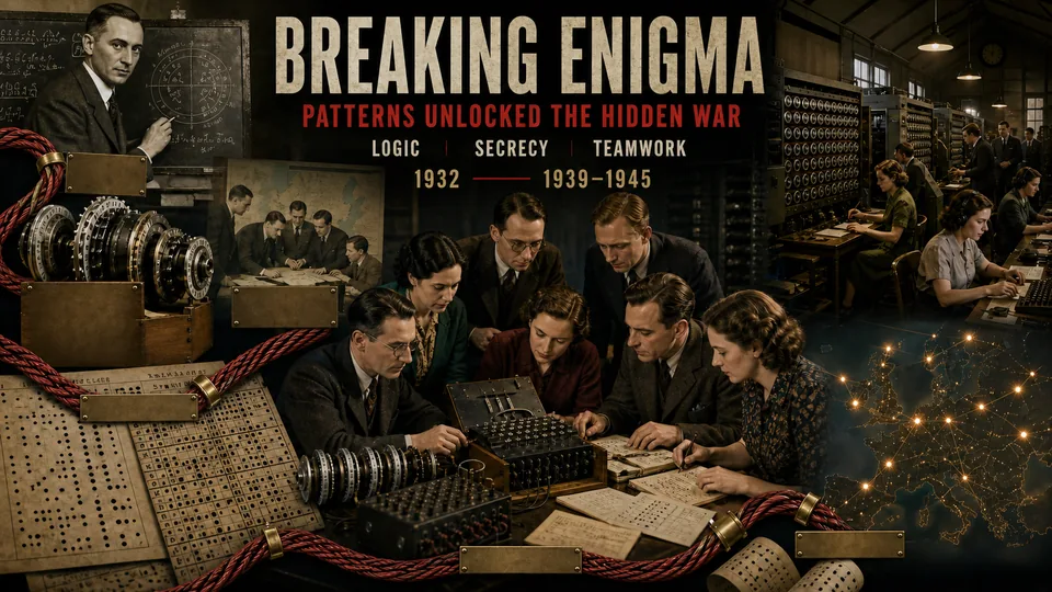 Visual story of the mathematics and teamwork used to break Enigma during World War II.