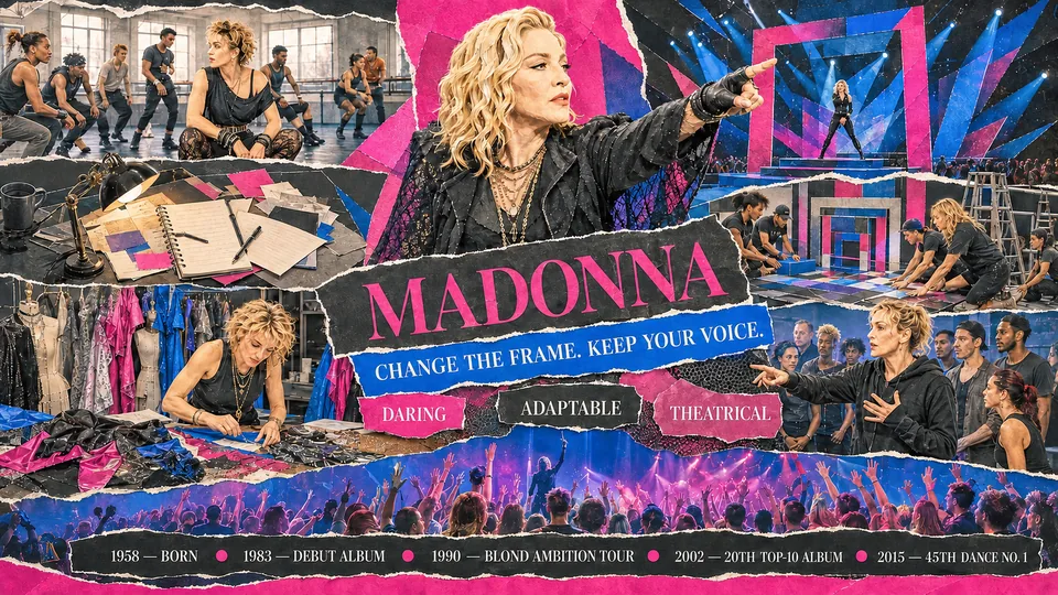 Visual story poster about Madonna's reinvention, performance, and cultural influence.