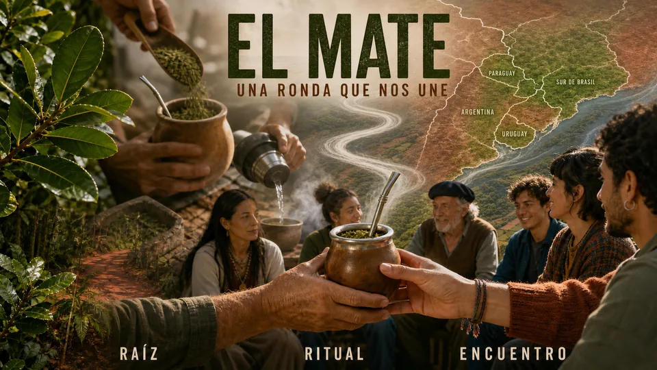 Historia visual en español del ritual compartido del mate, desde sus raíces guaraníes hasta Argentina, Uruguay, Paraguay y el sur de Brasil destacados en el mapa.