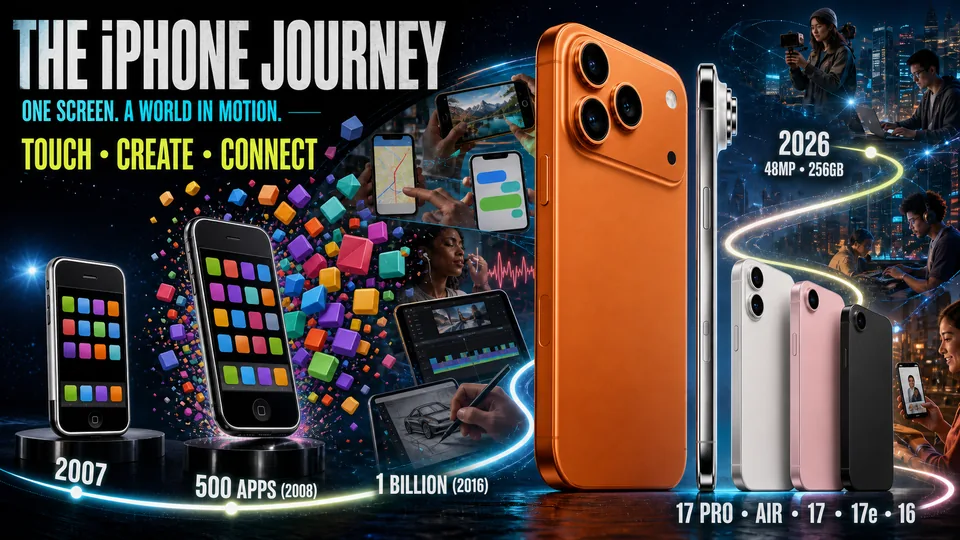 Illustrated iPhone journey from the first touchscreen model to a connected creative tool.